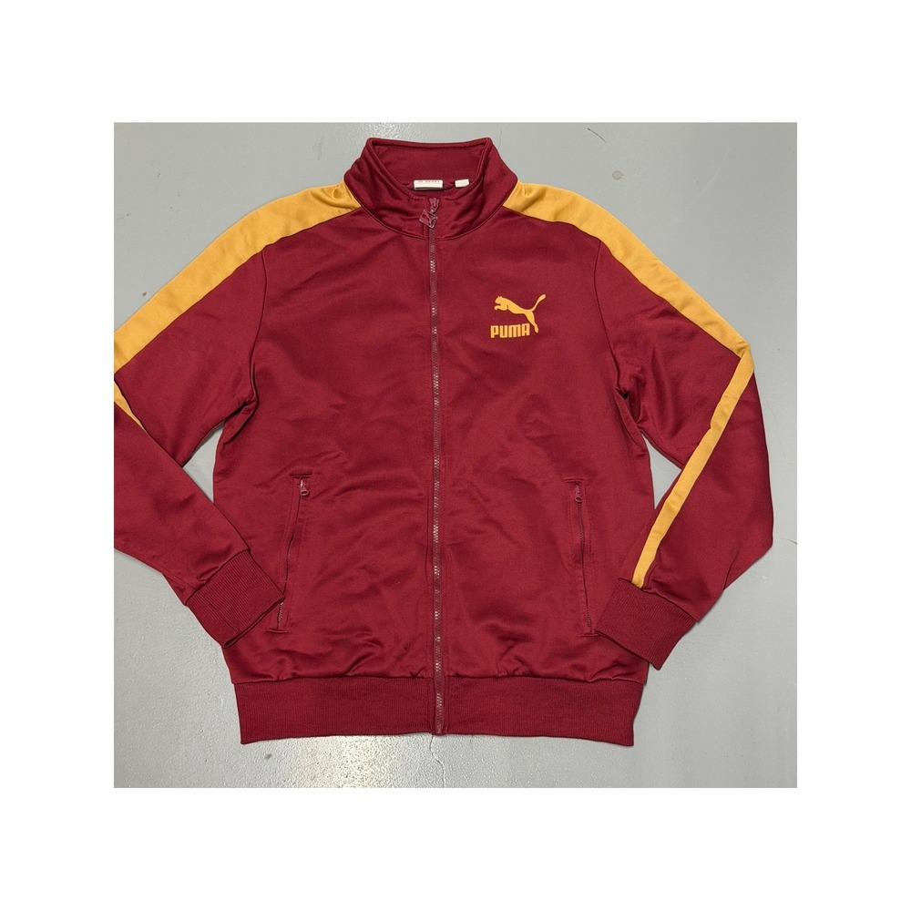 Puma Mens T7 Track Jacket Burgundy Gold Full Zip Athletic Sportswear Size Medium